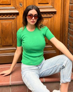 3160-Button Up Shoulder Short Sleeve Crewneck Knit Top
