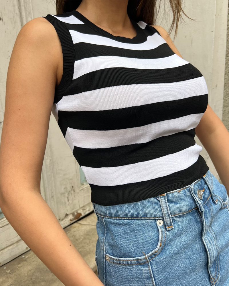 3163-Striped Crop Crewneck Knit Athlete - Görsel 4