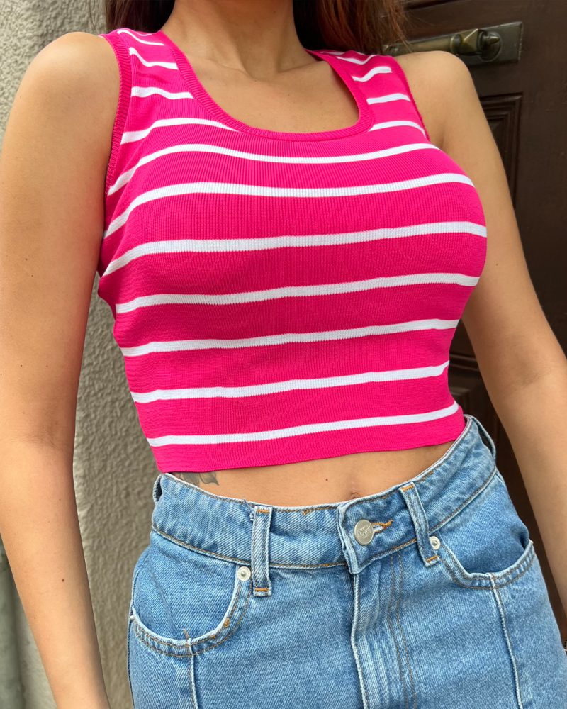 3164-Striped Crop Square Neck Knit Athlete - Görsel 4