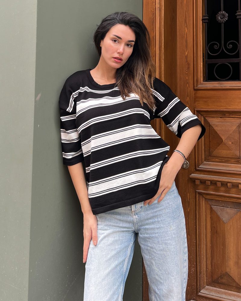 5839-Striped Oversize Half Sleeve Crewneck Knit Sweater - Görsel 3