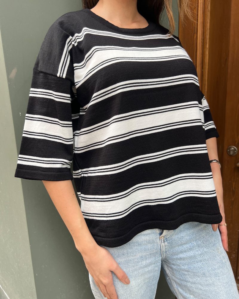 5839-Striped Oversize Half Sleeve Crewneck Knit Sweater - Görsel 4