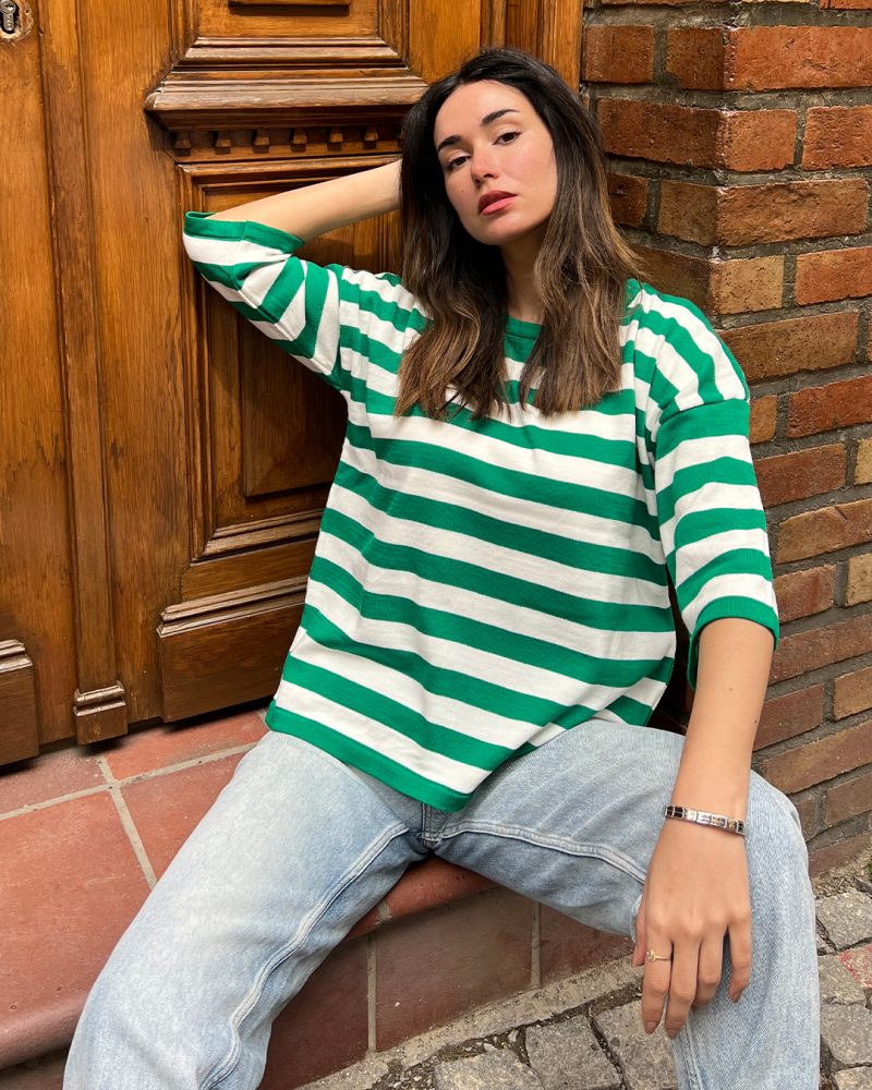 5840-Striped Oversize Half Sleeve Crewneck Knit Sweater