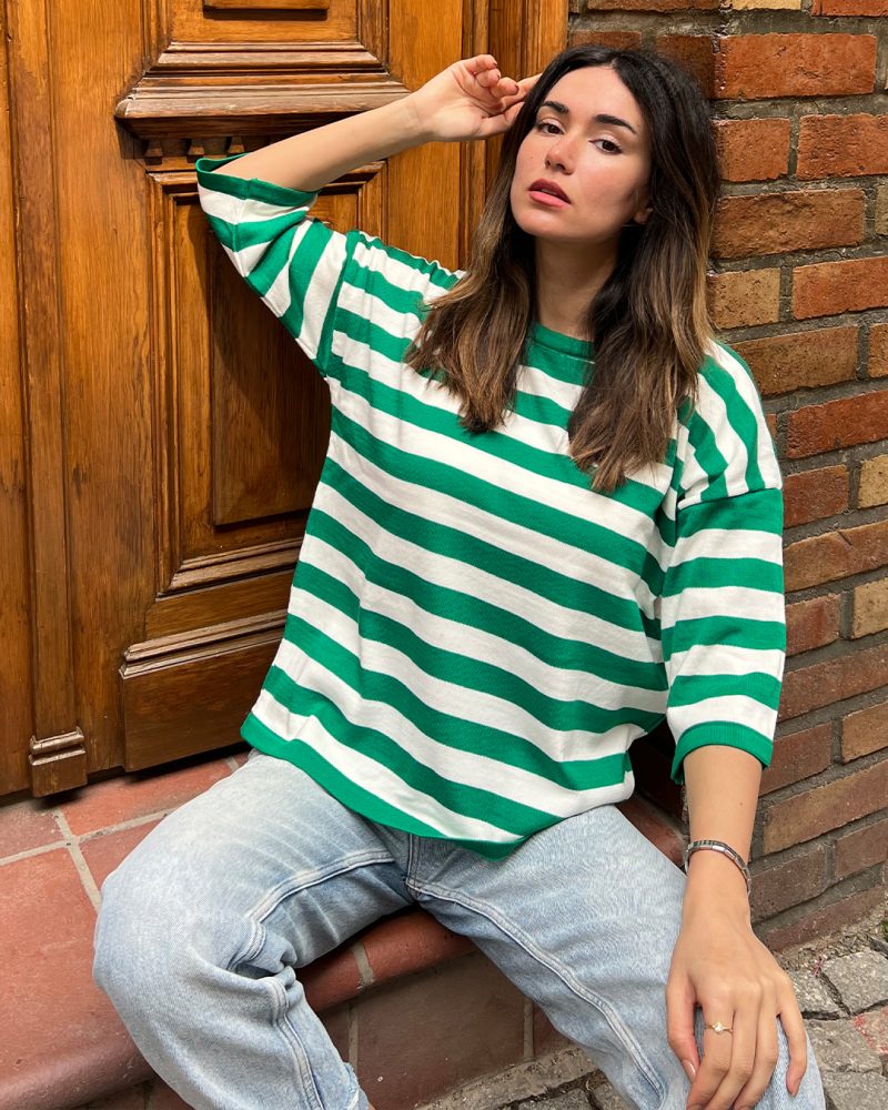 5840-Striped Oversize Half Sleeve Crewneck Knit Sweater - Görsel 2