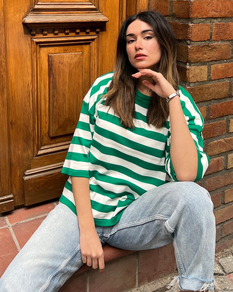 5840-Striped Oversize Half Sleeve Crewneck Knit Sweater - Görsel 3