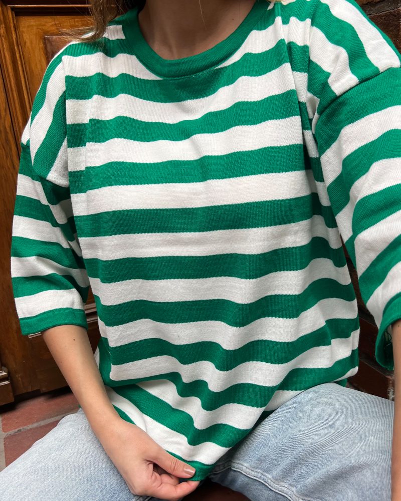 5840-Striped Oversize Half Sleeve Crewneck Knit Sweater - Görsel 4