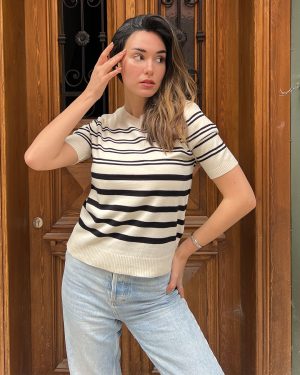 5849-Striped Short Sleeve Crewneck Knit Top
