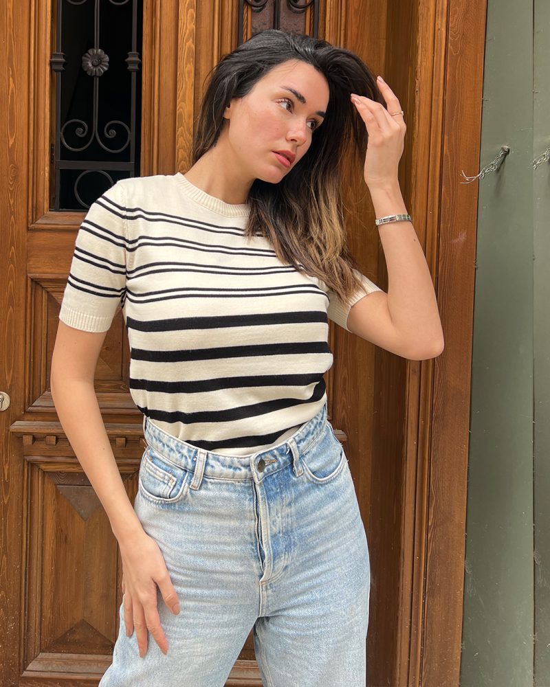 5849-Striped Short Sleeve Crewneck Knit Top - Image 2