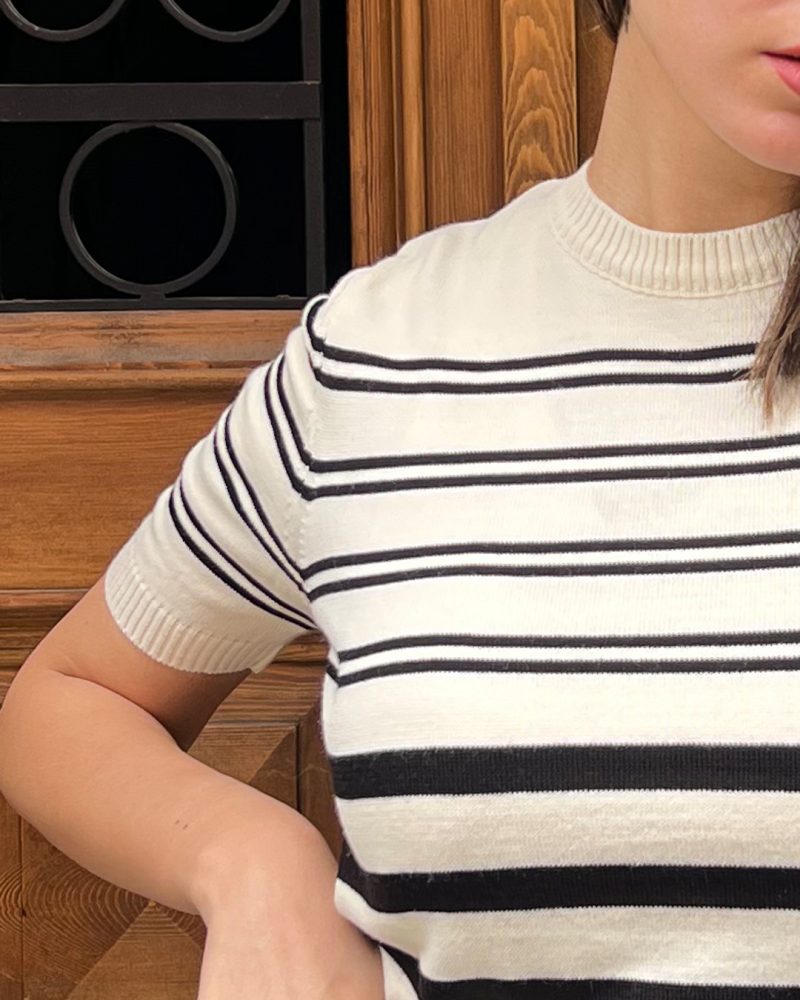 5849-Striped Short Sleeve Crewneck Knit Top - Image 3
