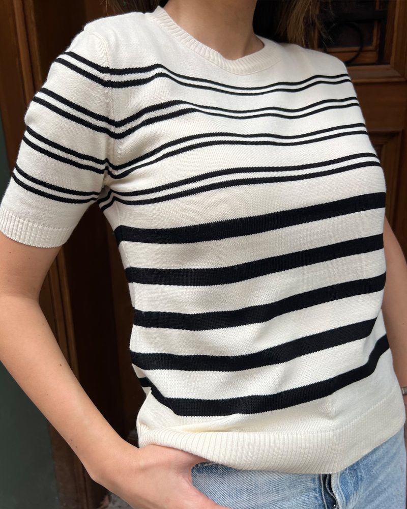 5849-Striped Short Sleeve Crewneck Knit Top - Image 4