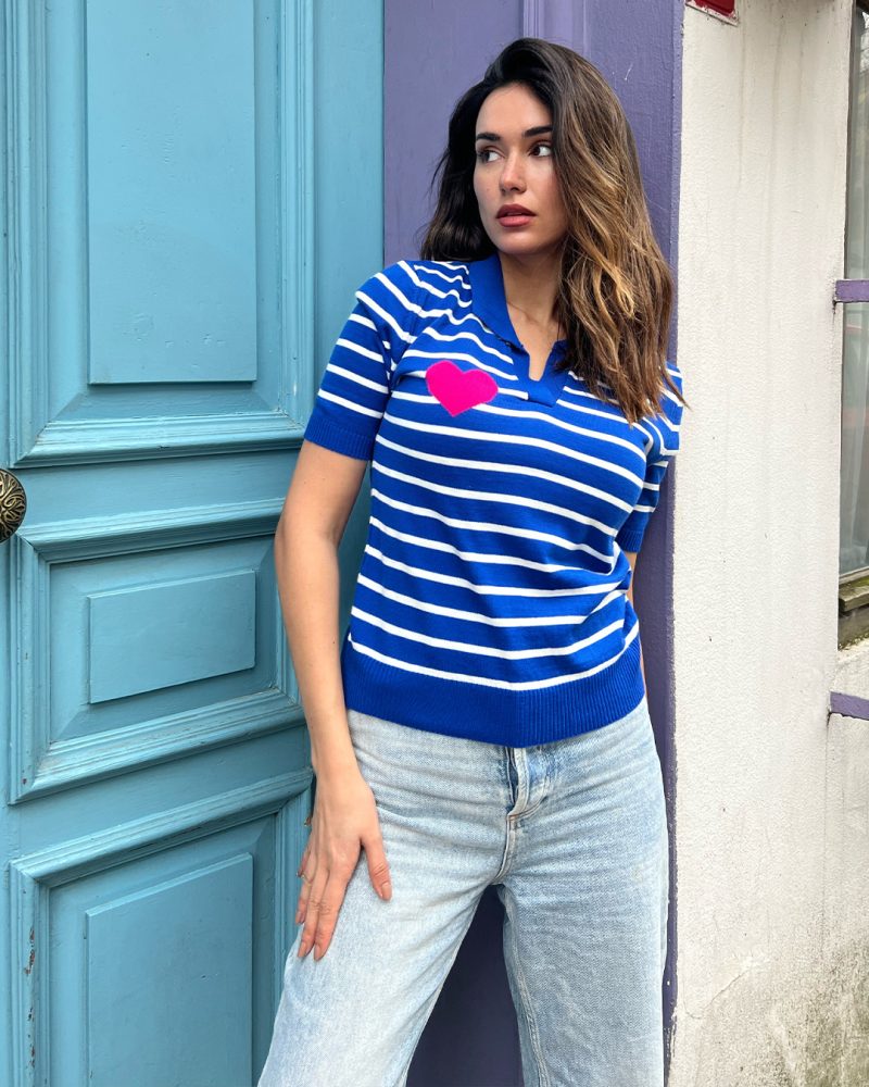 6052-Striped Short Sleeve V Neck Heart Detail Knit Top - Görsel 3