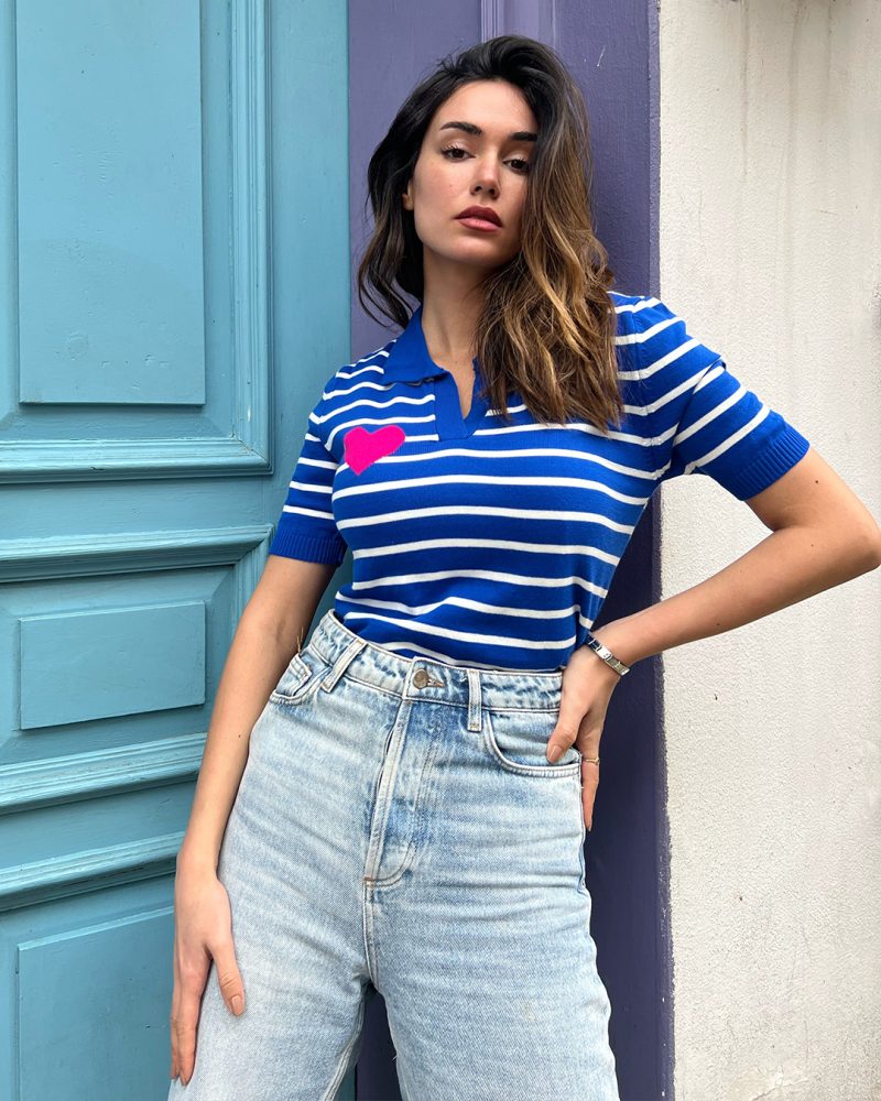 6052-Striped Short Sleeve V Neck Heart Detail Knit Top - Görsel 2