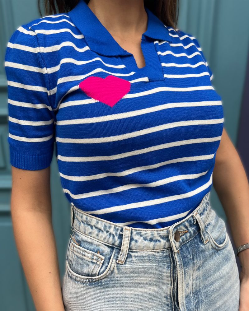 6052-Striped Short Sleeve V Neck Heart Detail Knit Top - Görsel 4