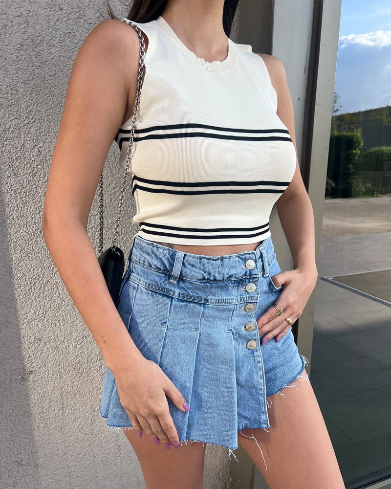 3167-Striped Crop Crewneck Knit Athlete - Görsel 3