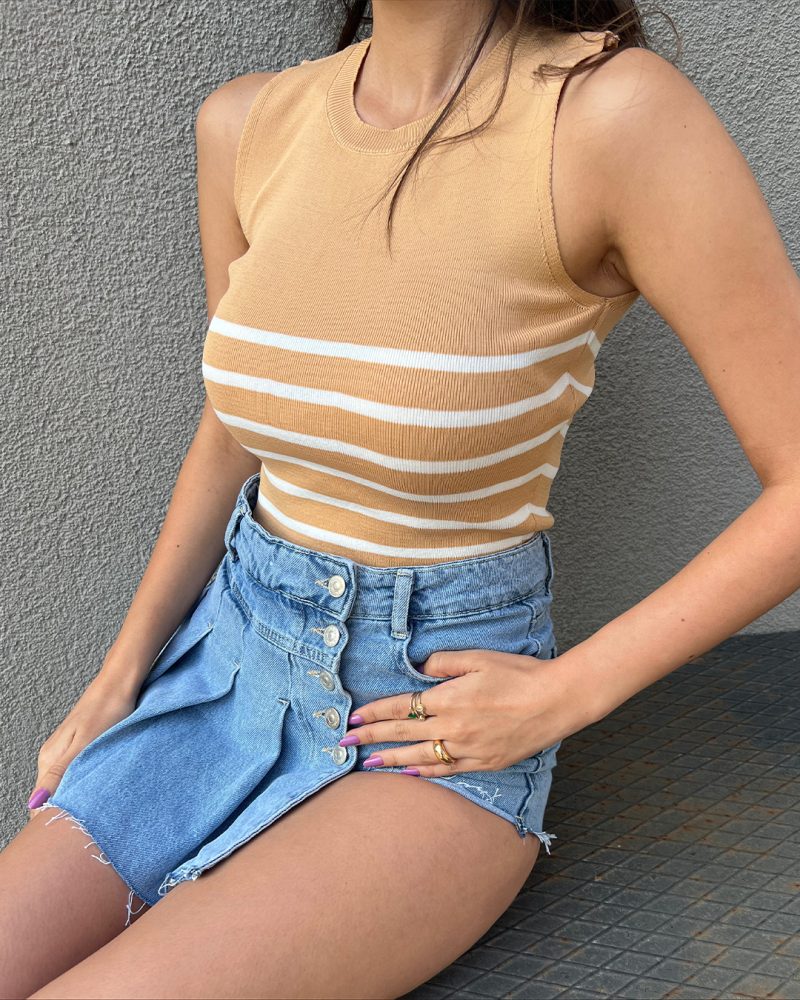 3169-Striped Crop Crewneck Knit Athlete - Görsel 3