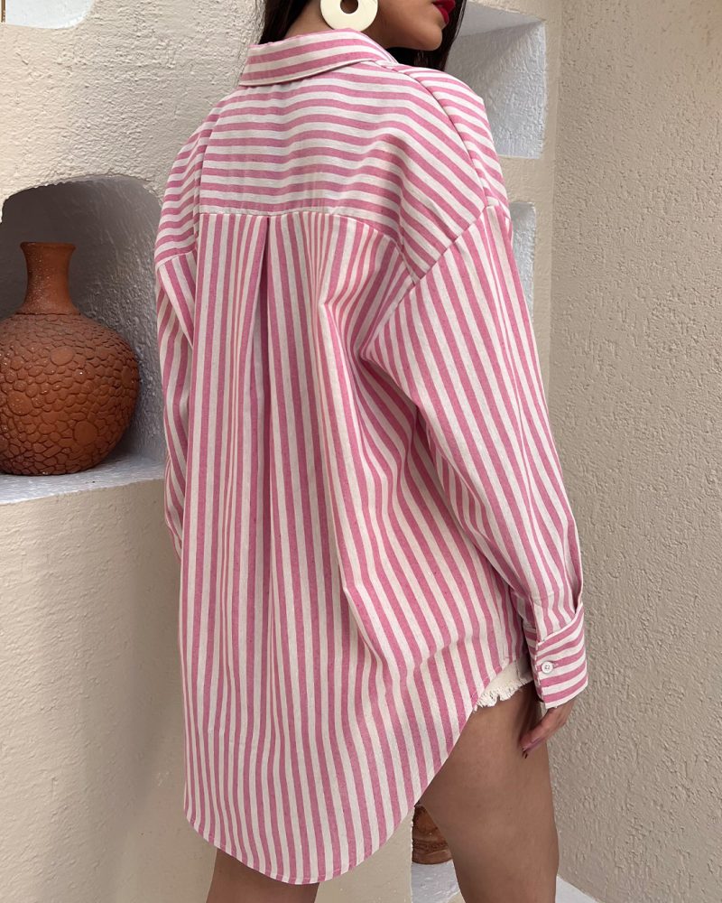 AK4411-Striped Linen Oversized Shirt - Görsel 4