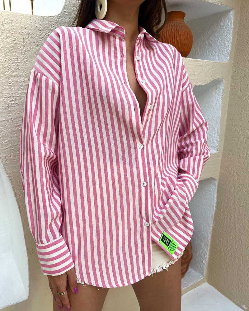 AK4411-Striped Linen Oversized Shirt - Görsel 5