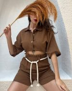 AK4412-Shirt Short Linen Woven Set-Brown-4