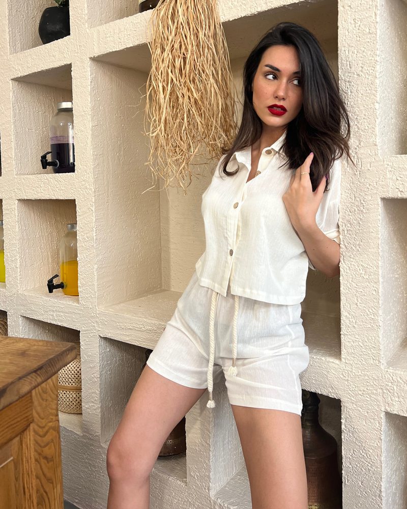 AK4412-Shirt Short Linen Woven Set - Görsel 5