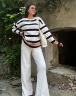 3156-Striped Oversize Knit Sweater and Plain Knit Pants-Knit Set