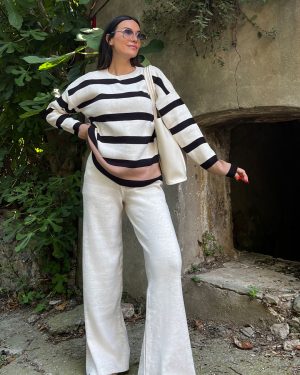 3156-Striped Oversize Knit Sweater and Plain Knit Pants-Knit Set