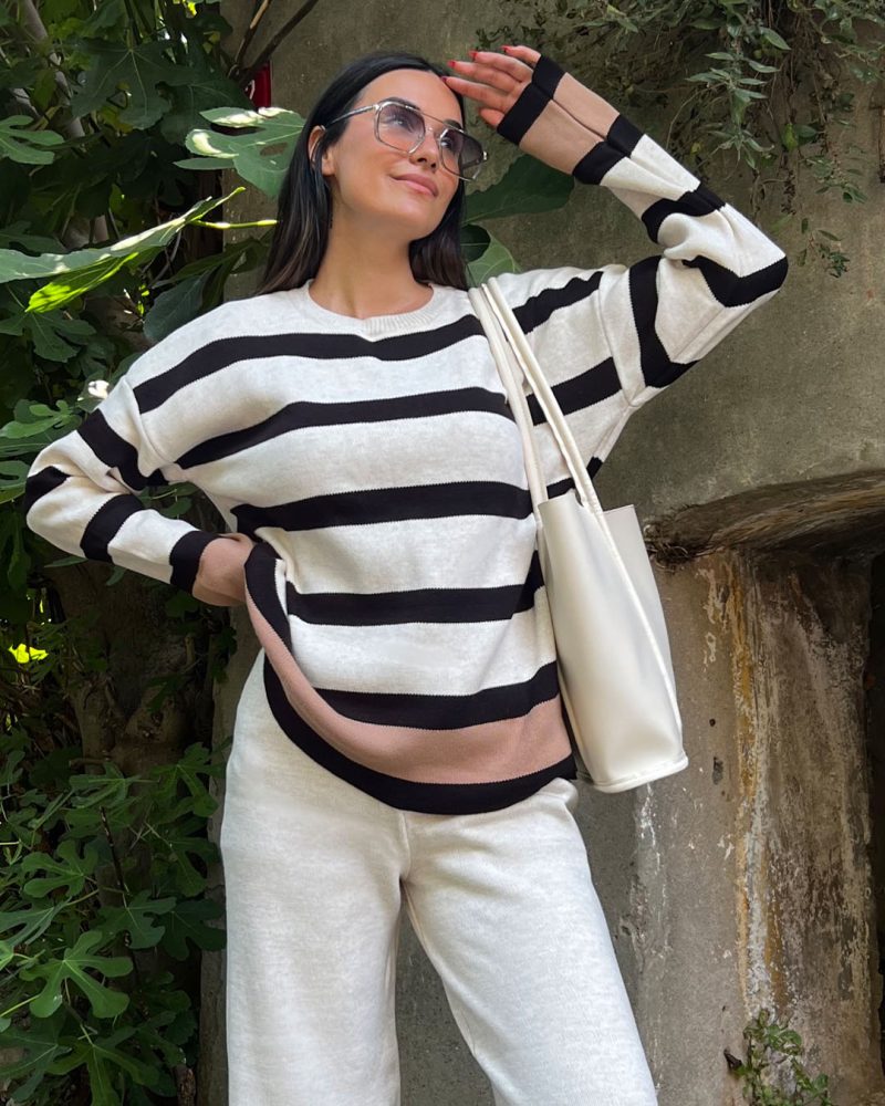 3156-Striped Oversize Knit Sweater and Plain Knit Pants-Knit Set - Image 2