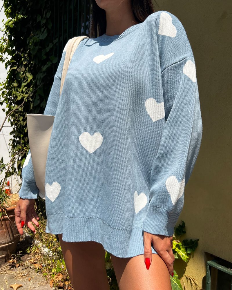 5846-Heart Pattern Detail Knit Sweater - Görsel 4