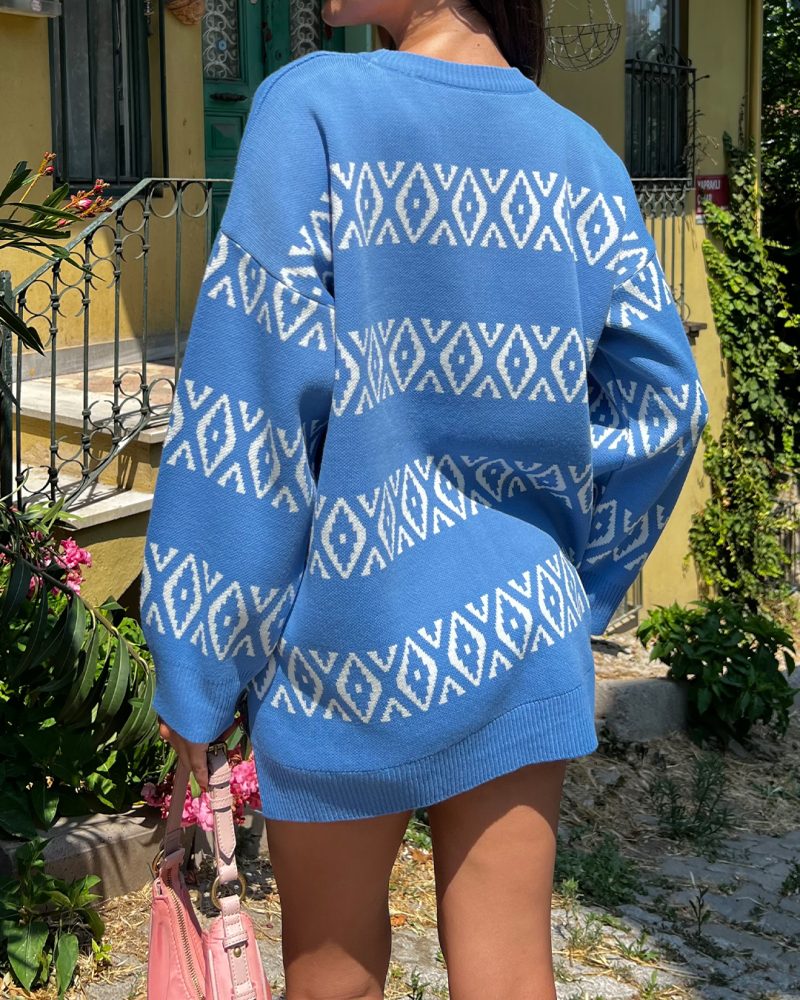 5847-Long Sleeve Crewneck Oversize Knit Sweater - Görsel 3