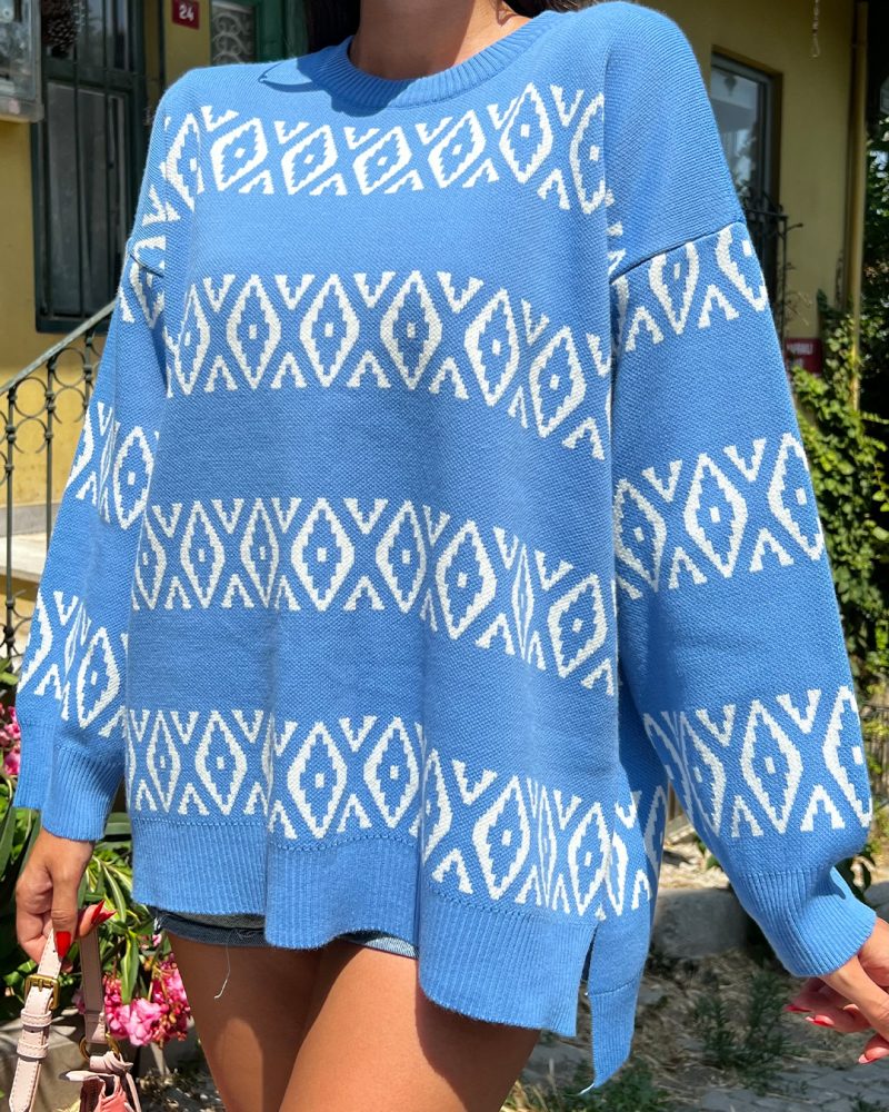 5847-Long Sleeve Crewneck Oversize Knit Sweater - Görsel 4