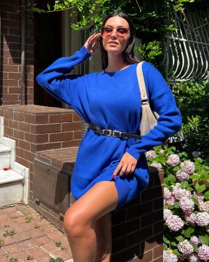 5850-Crewneck Oversize Knit Tunic with Belt