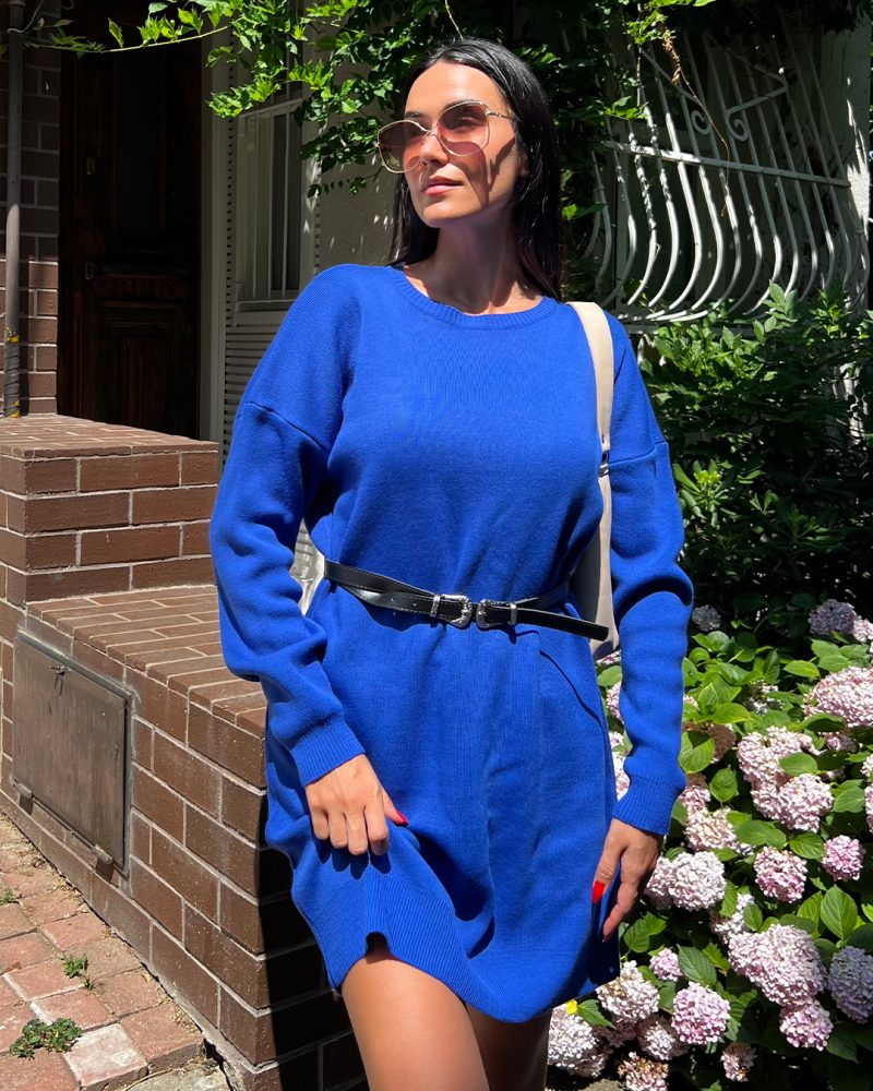 5850-Crewneck Oversize Knit Tunic with Belt - Görsel 3