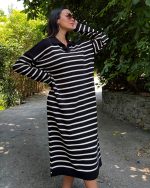 6501-Polo Neck Long Sleeve Wide Striped Knit Dress