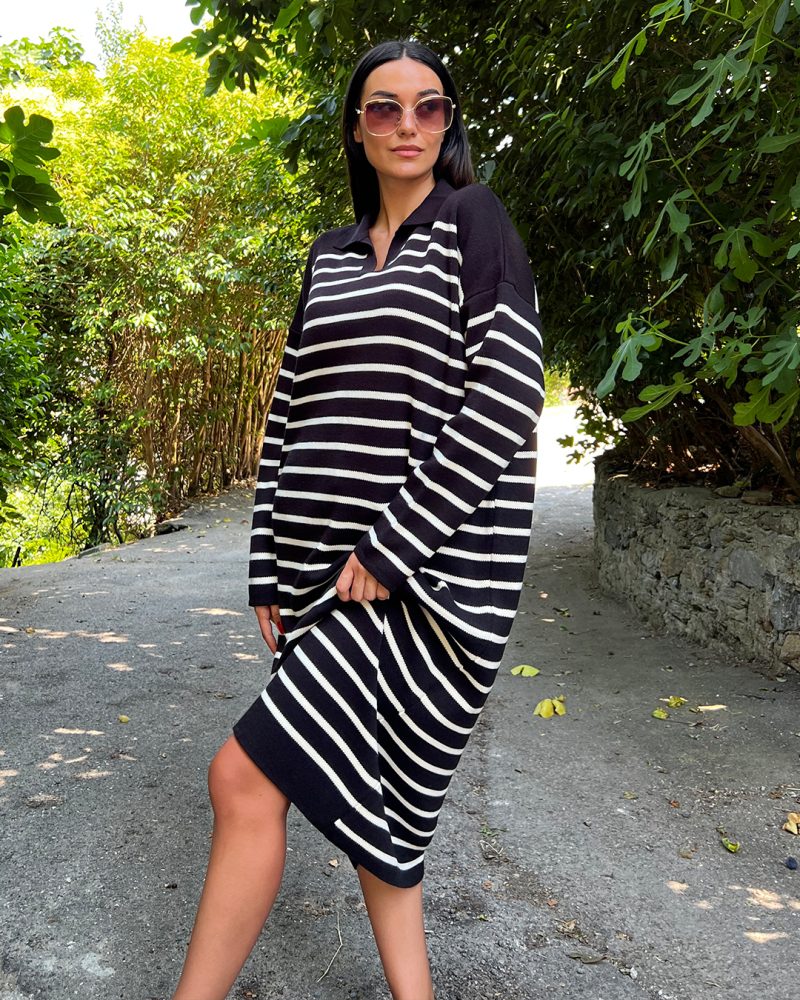6501-Polo Neck Long Sleeve Wide Striped Knit Dress - Görsel 2