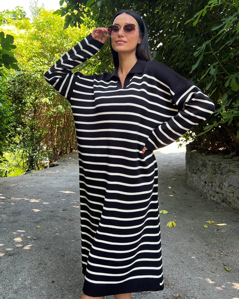 6501-Polo Neck Long Sleeve Wide Striped Knit Dress - Görsel 3