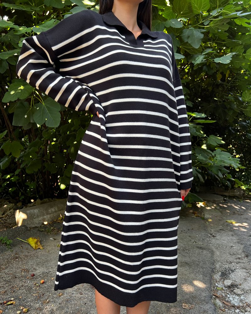 6501-Polo Neck Long Sleeve Wide Striped Knit Dress - Görsel 4