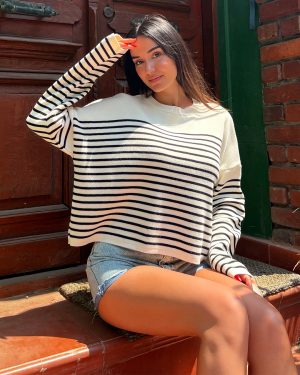 6502-Crewneck Top Long Sleeve Striped Oversize Knit Sweater