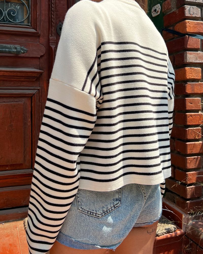 6502-Crewneck Top Long Sleeve Striped Oversize Knit Sweater - Image 3