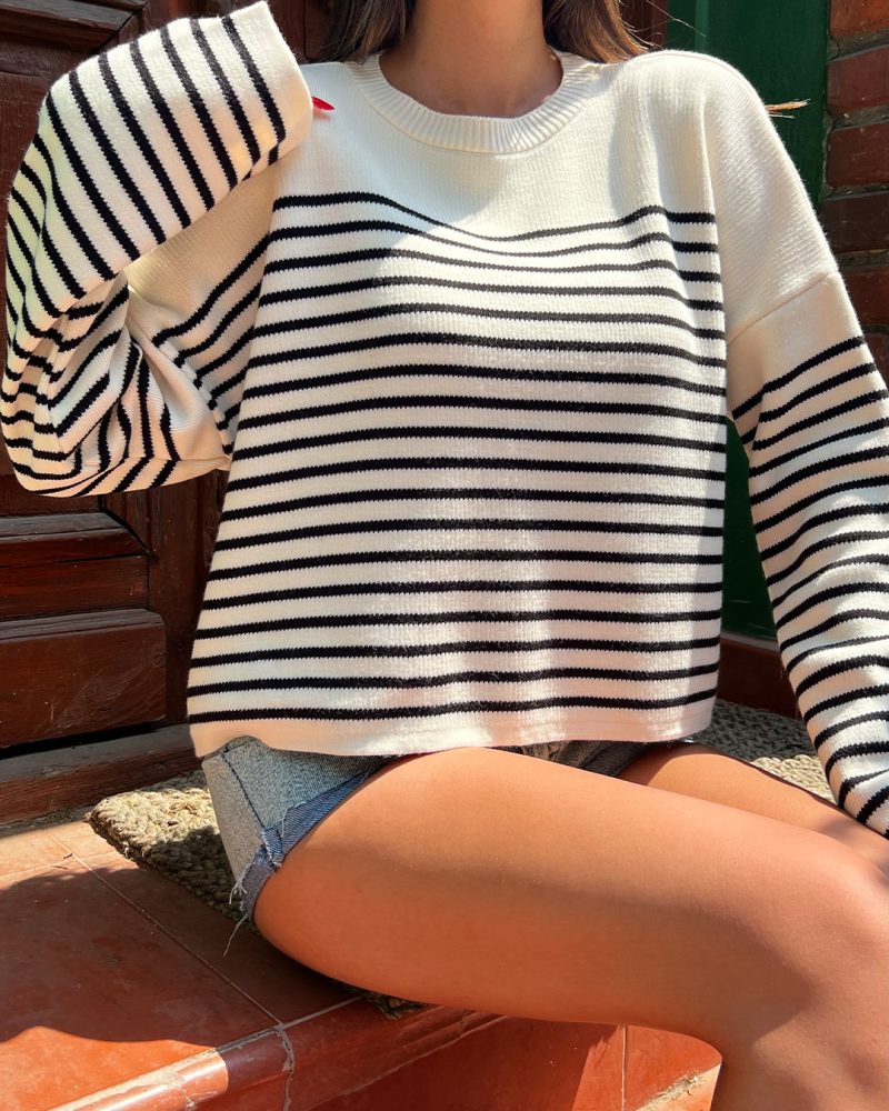 6502-Crewneck Top Long Sleeve Striped Oversize Knit Sweater - Image 4