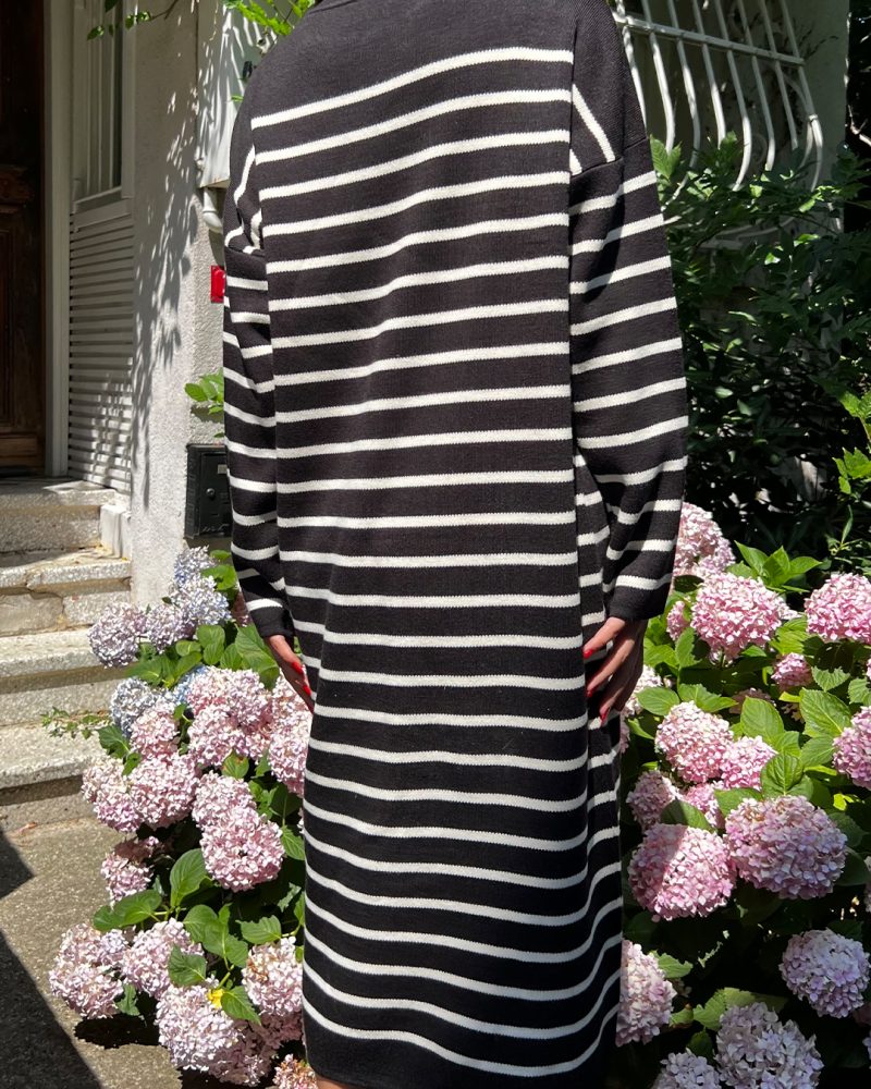 6503-Crewneck Long Sleeve Wide Striped Knit Dress - Görsel 3