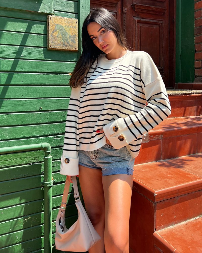 6504-Crewneck Oversize Striped with Cufflinks Knit Sweater