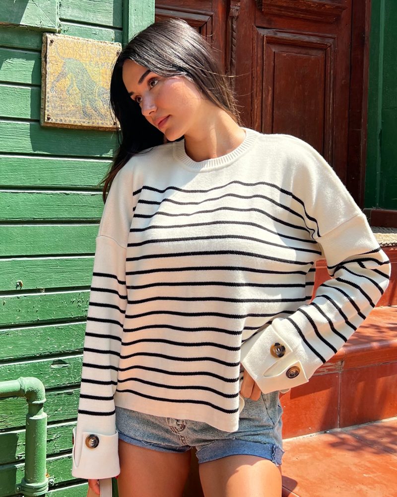 6504-Crewneck Oversize Striped with Cufflinks Knit Sweater - Görsel 2