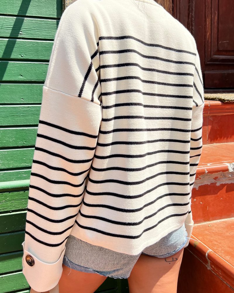 6504-Crewneck Oversize Striped with Cufflinks Knit Sweater - Görsel 3