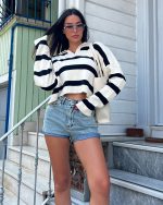 6505-Polo Neck Striped Cropped Knit Sweater