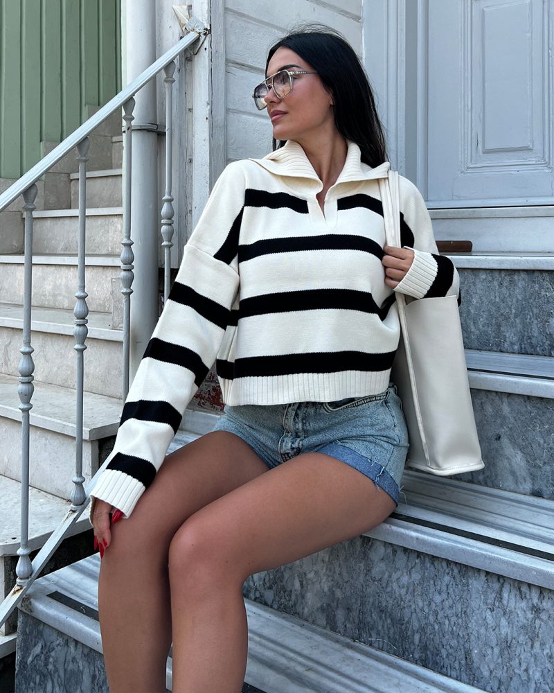 6505-Polo Neck Striped Cropped Knit Sweater - Görsel 2
