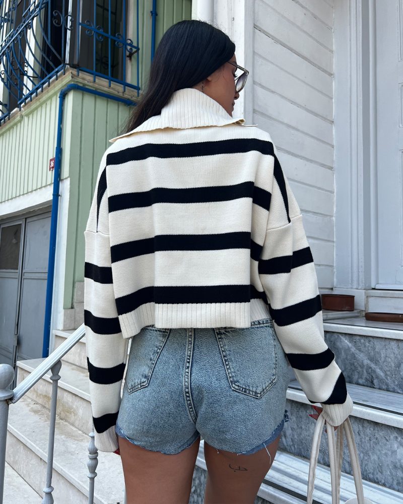 6505-Polo Neck Striped Cropped Knit Sweater - Görsel 3