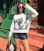 2016-Flower Pattern Detailed Crewneck Knit Sweater