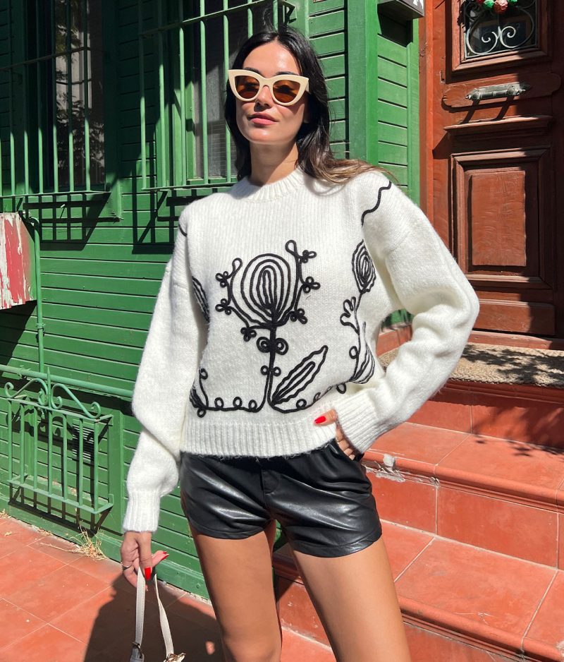 2016-Flower Pattern Detailed Crewneck Knit Sweater - Görsel 3