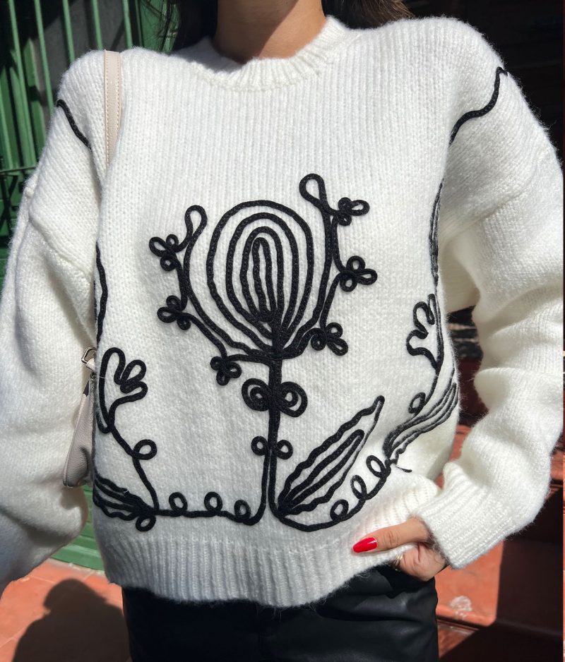 2016-Flower Pattern Detailed Crewneck Knit Sweater - Görsel 5