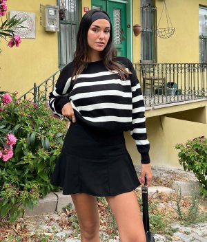 3142-Striped Crewneck Long Sleeve Knit Sweater