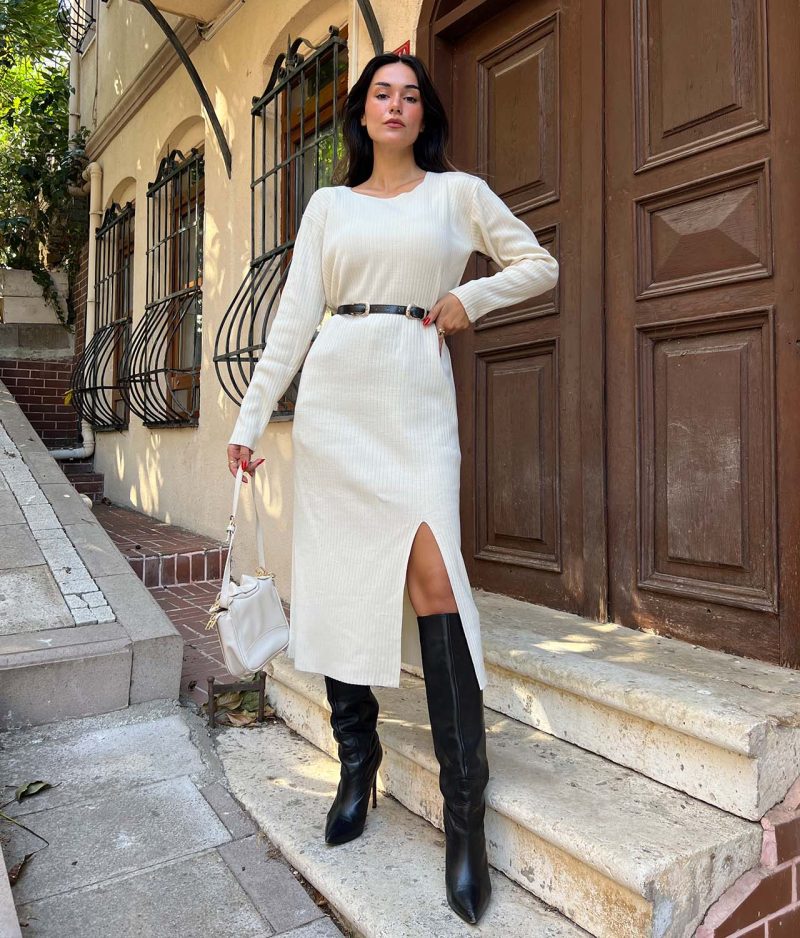 3151-Ribbed Midi Slit Knit Dress with Belt - Görsel 4