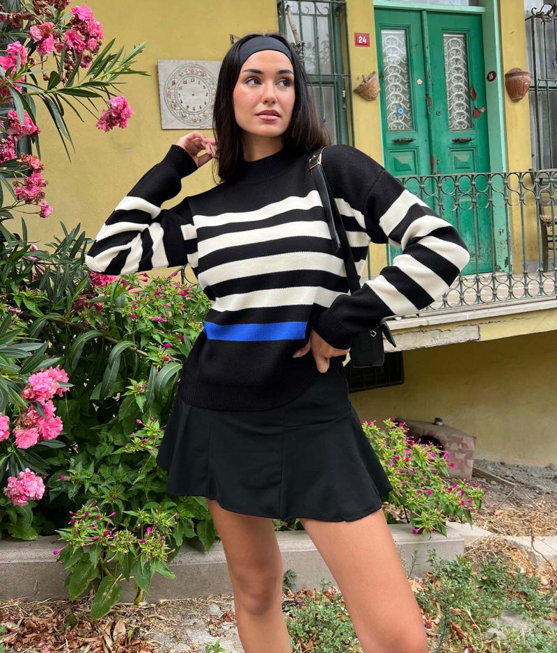 3172-Striped Mockneck Long Sleeve Knit Sweater - Görsel 3